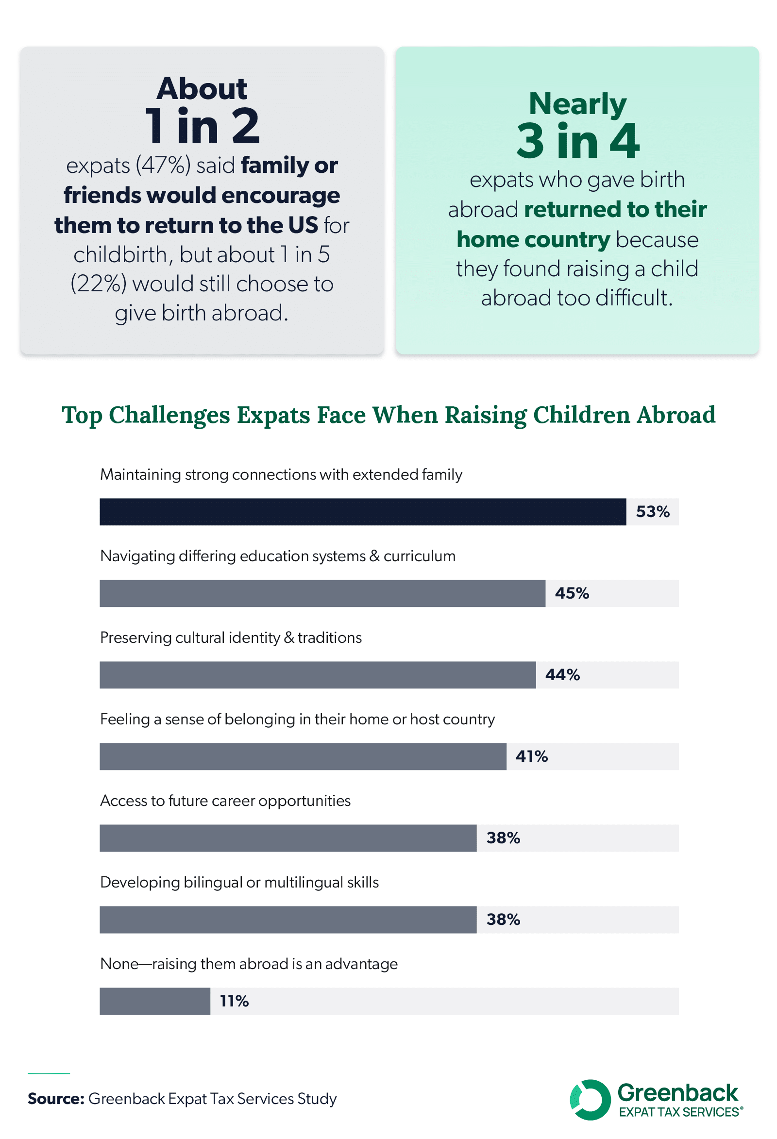 Infographic presenting survey data on the challenges expats face when raising children abroad.