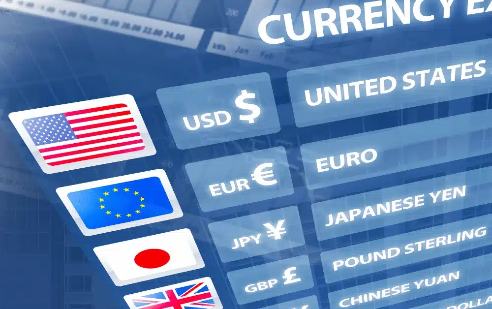 A digital interface showing global currencies, including USD, Euro, Yen, and Pound, representing foreign exchange rates and international money conversion.