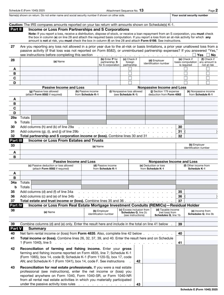 Schedule E Form 1040 Part II to V