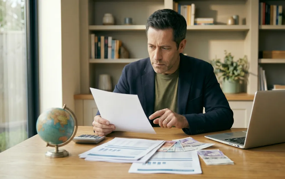 A man reviews foreign financial documents at a desk with a globe, foreign banknotes, and an open laptop, representing FBAR filing requirements for U.S. taxpayers with overseas accounts.