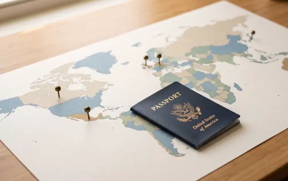 A closed U.S. passport resting on a world map with map pins marking Mexico, Canada, the United Kingdom, Germany, and Australia, the countries with the most U.S. expats.