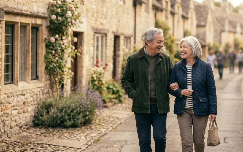 American couple enjoying a relaxed retirement in the UK countryside.