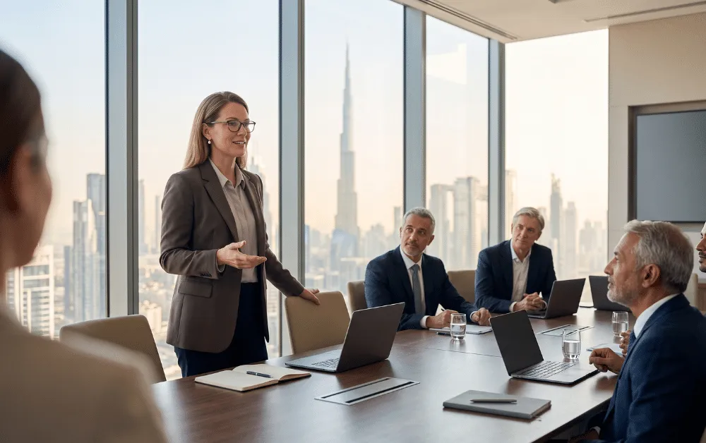 American expat leading a meeting in a Dubai conference room, the city skyline visible through the windows.